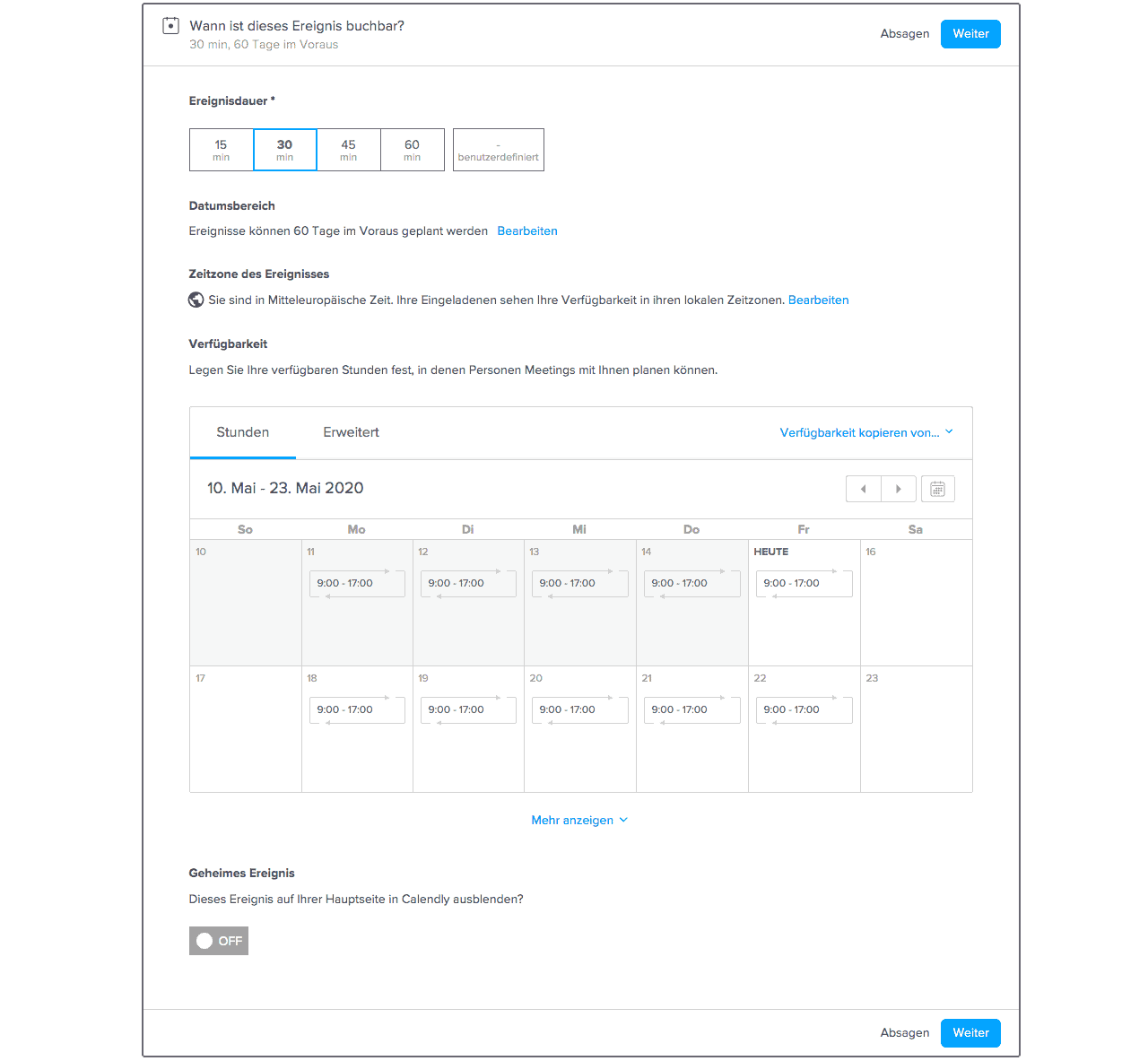 Calendly Zeitraum und Dauer festlegen