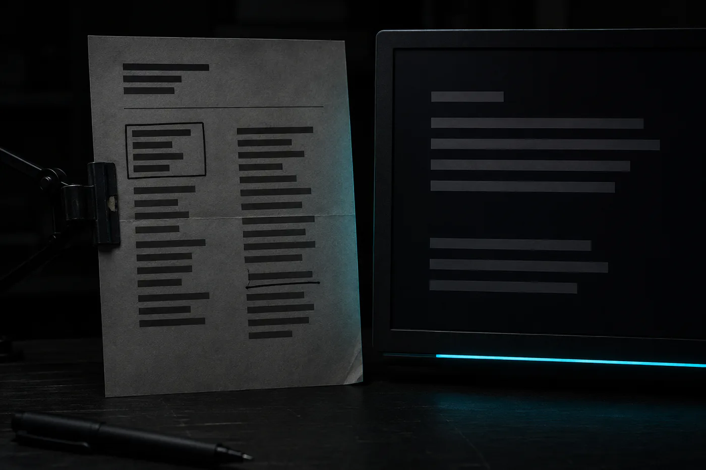 Ein an einer Halterung hochkant eingespanntes Blatt Papier auf einem dunklen Schreibtisch, oben ein Kopfblock aus drei schwarzen Balken über einer Trennlinie, darunter zwei Spalten, deren Textzeilen als schwarze Balken erscheinen, mit zwei von Hand markierten Stellen: einem umrandeten Absatz in der linken Spalte und einer unterstrichenen Zeile in der rechten. Rechts daneben ein Bildschirm, der eine Antwort als graue Balken auf dunklem Grund zeigt, darunter ein türkiser Lichtstreifen, vorn ein Stift auf der Tischplatte