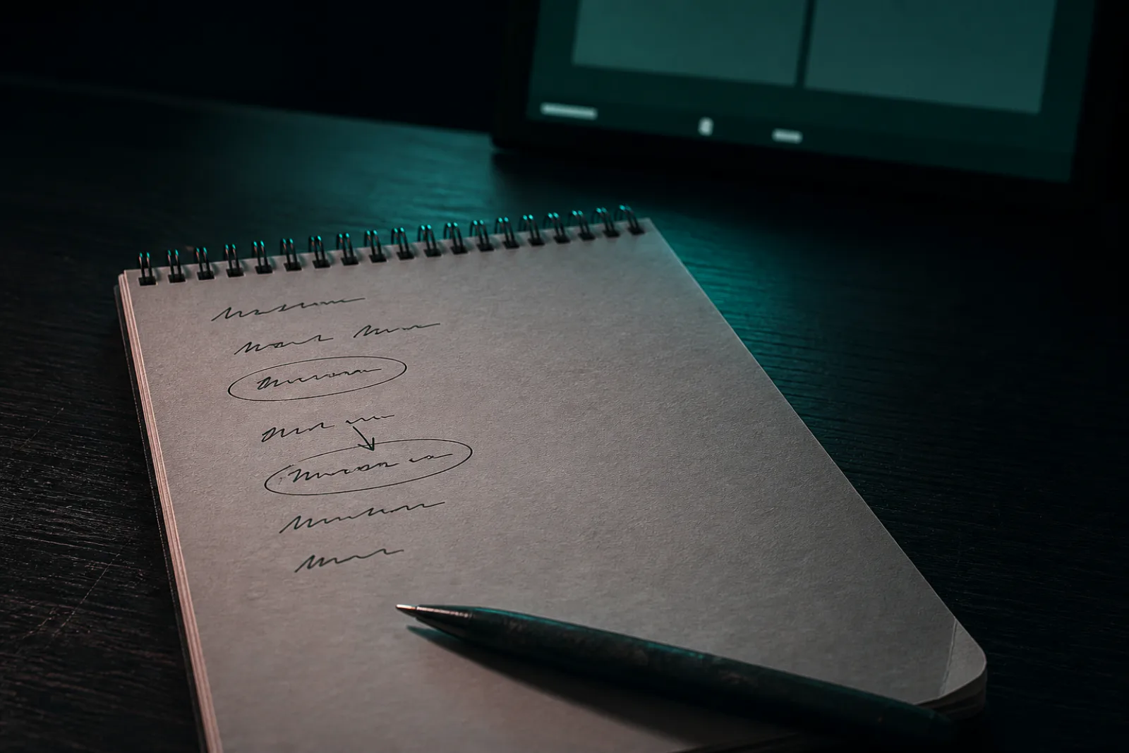 KI-generiertes Bild Aufgeschlagener Notizblock auf einem dunklen Schreibtisch, sieben kurze handschriftliche Notizen, zwei davon eingekreist, daneben ein Kugelschreiber; am oberen Bildrand unscharf die Ecke eines Bildschirms mit zwei leeren Videokacheln