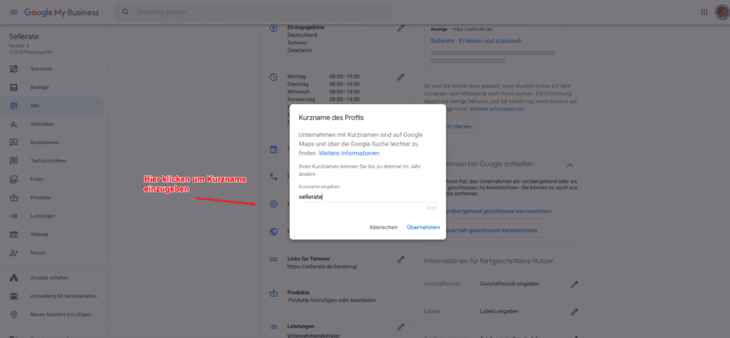 Google My Business Kurzname anlegen