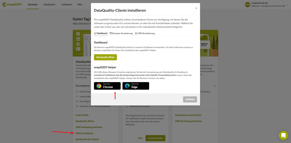 snapADDY Dashboard mit Link Clients installieren