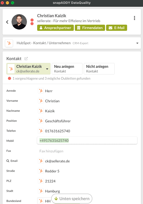 snapADDY Kontaktdaten übernehmen