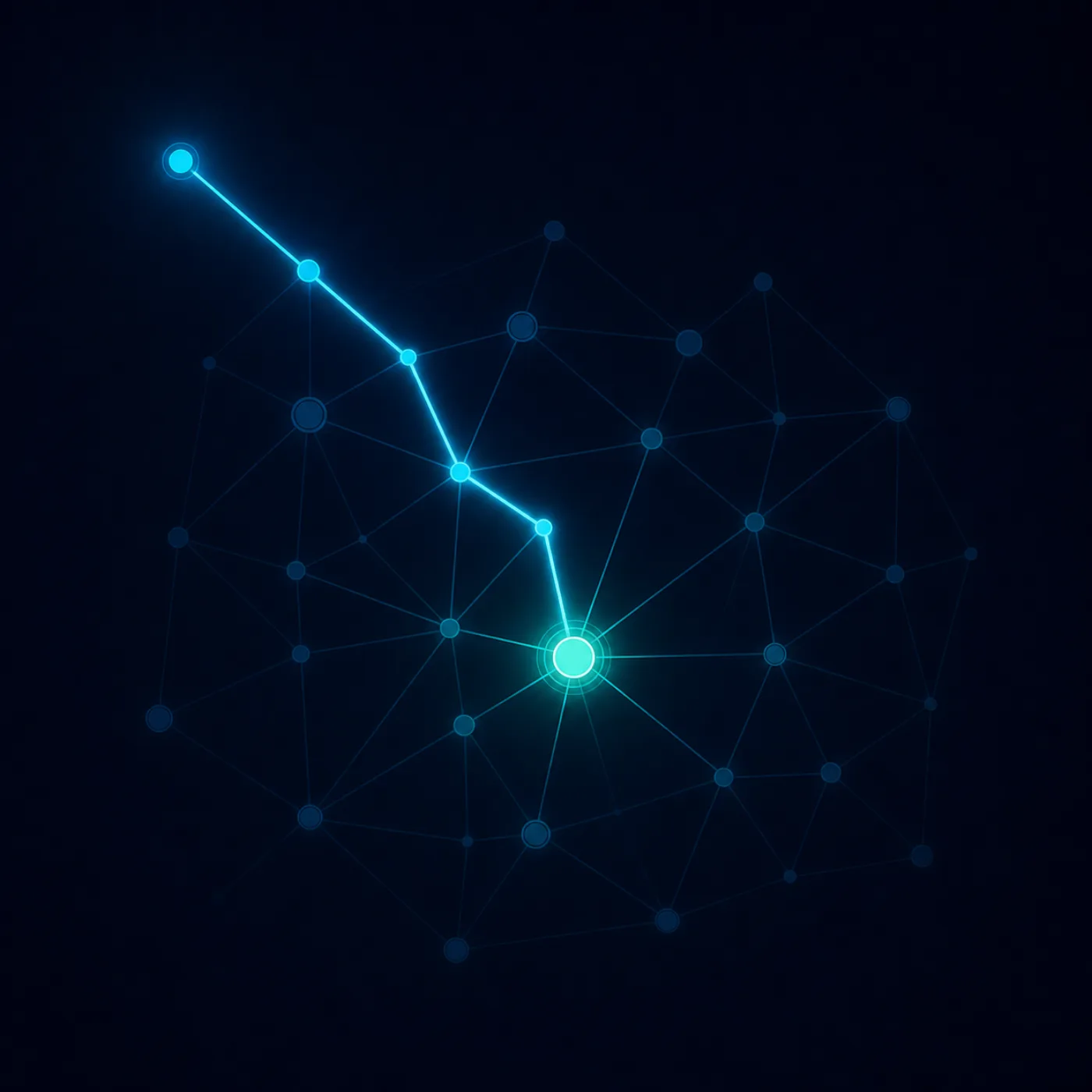 KI-generiertes Bild Ein leuchtender Pfad führt durch ein Netzwerk aus Knoten zum Zentrum