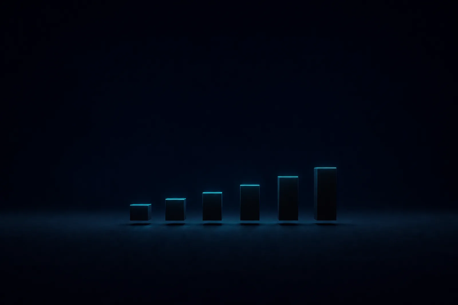 Abstrakte, ansteigende Balkenreihe in Cyan auf dunklem Grund als Sinnbild für wachsende Kosten