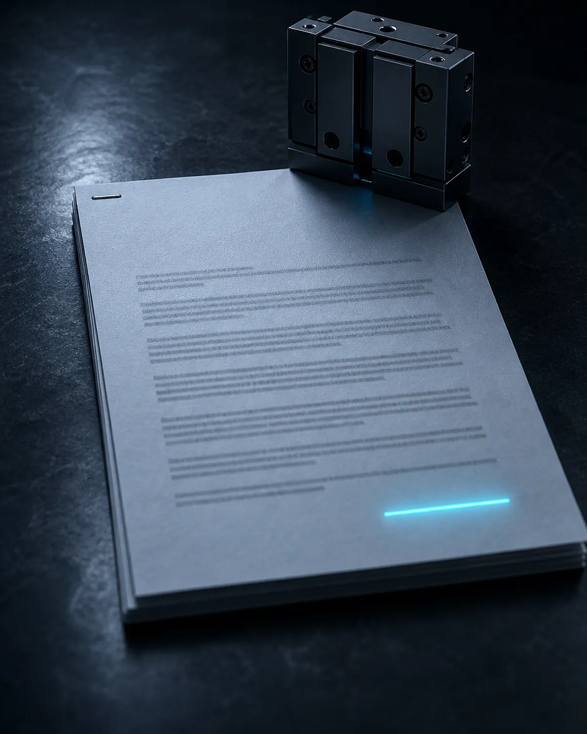 Automatische Angebotsausgabe: Ein geheftetes mehrseitiges Dokument liegt schräg auf dunklem Untergrund, Klammer oben links, Seitenstapel an der Kante. Das obere Blatt trägt sechs Absätze grauen Fließtext, zu klein zum Lesen; rechts unter dem letzten Absatz ein cyan leuchtender Balken. Auf der oberen Blattkante liegt ein schwarzes Maschinenbauteil