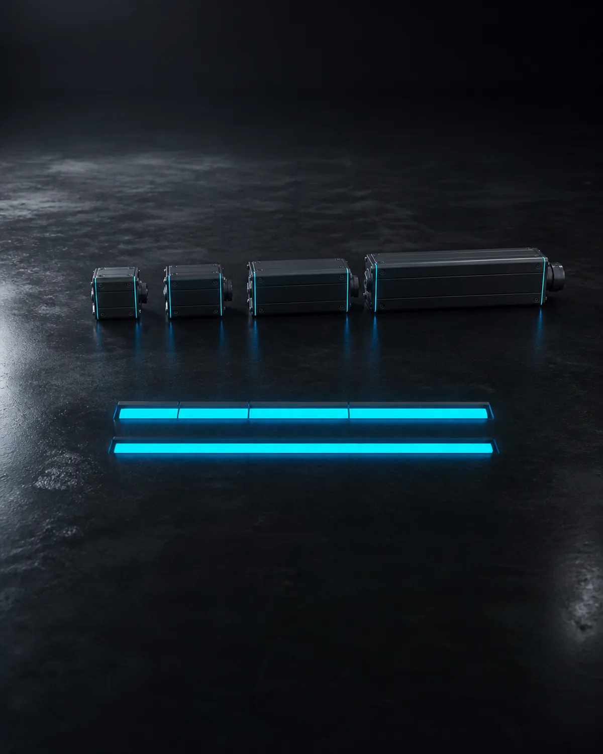 Preise aus Deiner Kalkulation: Oben vier schwarze Bauteile in einer Reihe, von links nach rechts größer werdend. Darunter vier cyan leuchtende Segmente, lückenlos aneinandergesetzt, und darunter ein durchgehender Balken, der genauso lang ist wie die vier zusammen