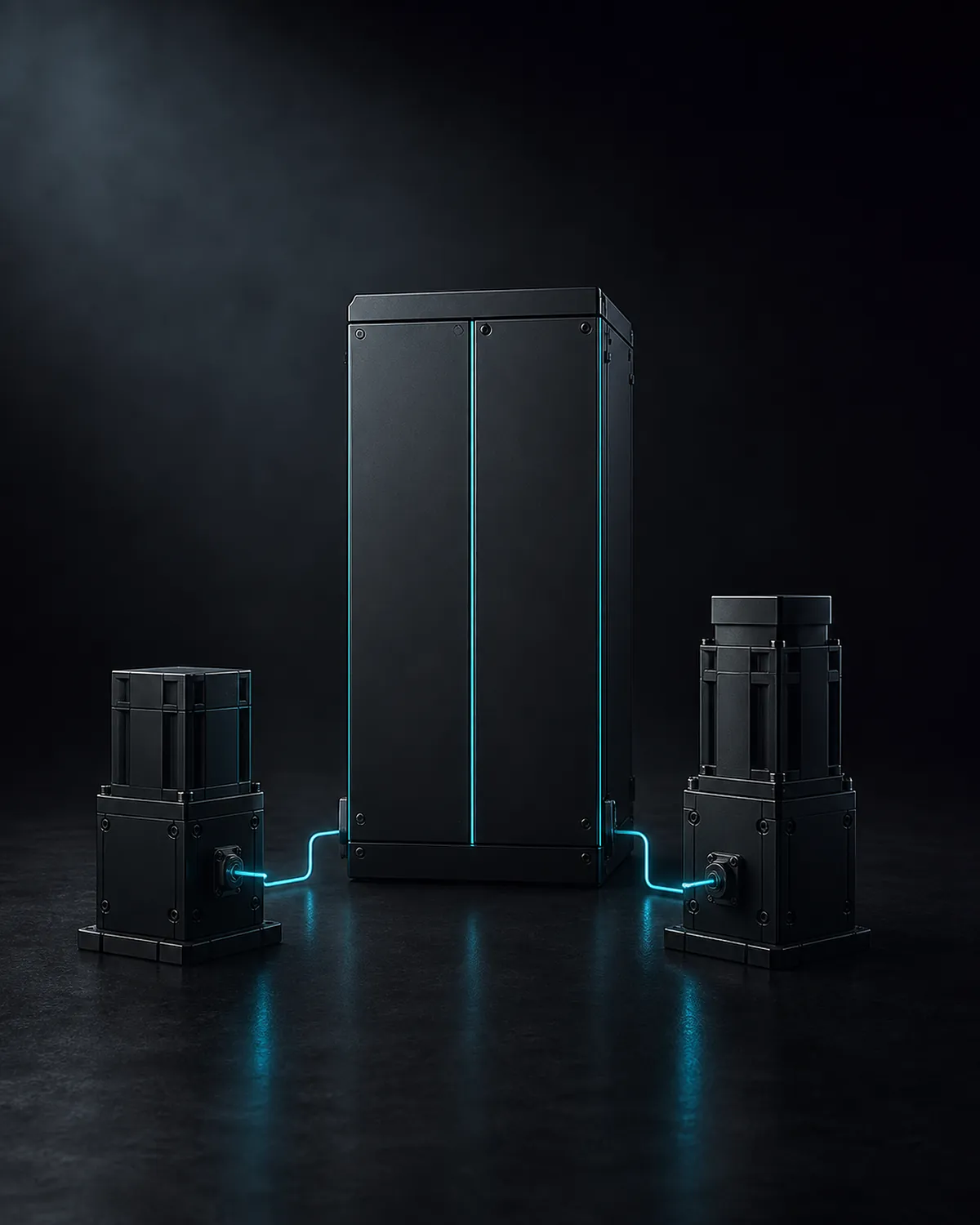 Systemanbindung: Ein hoher schwarzer Schaltschrank in der Mitte, seine Türfugen leuchten cyan. Links und rechts steht je eine kleinere Maschineneinheit, mit dem Schrank über cyan leuchtende Leitungen verbunden, die über den Boden laufen
