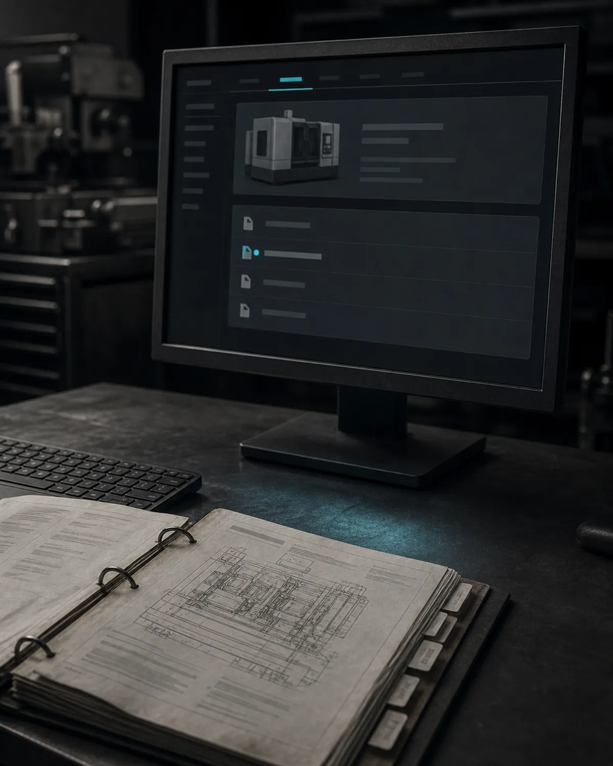 Dokumente ohne Nachfrage: Ein Monitor auf einem Werkstattschreibtisch zeigt die Seite einer einzelnen Maschine: oben eine Karte mit der Abbildung einer Werkzeugmaschine und daneben Beschriftungsbalken ohne Text, darunter vier Dokumentenzeilen mit Dateisymbol, die zweite cyan hervorgehoben. Vor dem Monitor liegen eine Tastatur und ein aufgeschlagener Ringordner mit Registerreitern, dessen Seite eine technische Zeichnung trägt.