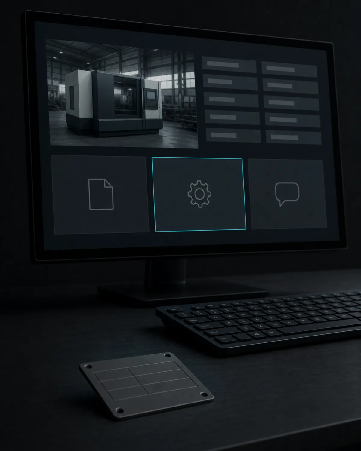 Maschinen- und Anlagendaten: Ein Monitor auf einem Schreibtisch zeigt die Übersichtsseite einer Anlage: links das Foto einer Produktionsmaschine in einer Werkhalle, rechts daneben zwei Spalten aus kurzen Balken ohne Text. Darunter drei gleich große Kacheln mit Konturicons, ein Blatt, ein Zahnrad und eine Sprechblase; die mittlere ist cyan umrandet. Vor der Tastatur liegt ein dunkel eloxiertes Typenschild, vier versenkte Schrauben an den Ecken, die eingravierten Beschriftungsfelder leer.