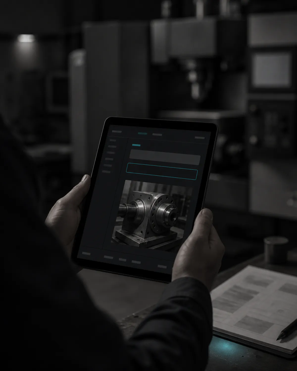 Serviceanfragen mit Vorgeschichte: Über die Schulter aufgenommen: Zwei Hände halten ein Tablet, von der Person ist nur der Arm zu sehen. Darauf ein Meldeformular mit einem gefüllten Feld, einem leeren Feld mit cyanem Rahmen und dem angehängten Foto eines metallenen Bauteils mit Welle und Flansch. Rechts auf der Werkbank ein aufgeschlagenes Papierdokument, im Hintergrund unscharf eine dunkle Halle mit Werkzeugmaschinen.