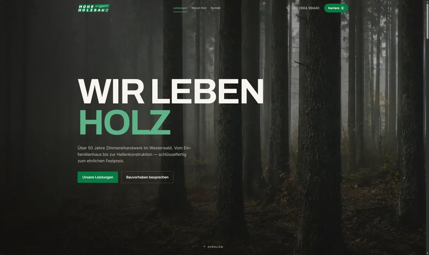 Startseite der Website von Mohr Holzbau