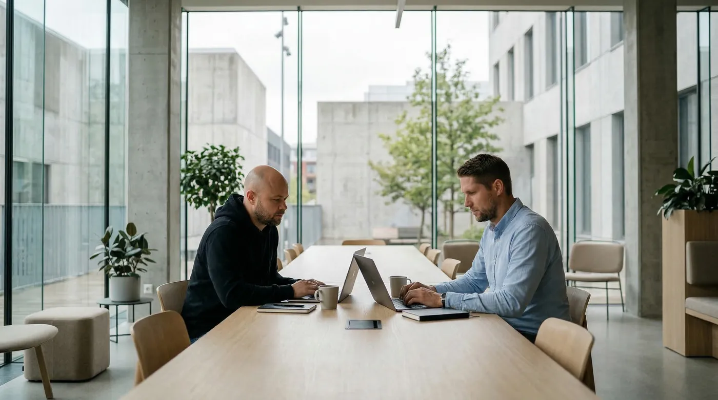Zwei Männer sitzen einander an einem langen hellen Holztisch gegenüber, jeder vor einem aufgeklappten Laptop, daneben Notizbücher und Kaffeetassen. Hinter ihnen eine raumhohe Fensterfront mit Blick auf Betonfassaden und Bäume.