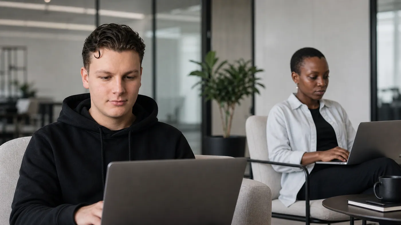 Zwei Personen sitzen versetzt zueinander in hellen Sesseln und arbeiten an ihren Laptops. Vorn ein junger Mann im schwarzen Hoodie, dahinter eine Frau in hellem Hemd, zwischen ihnen eine Grünpflanze und eine Glaswand. Auf einem kleinen Beistelltisch steht eine dunkle Tasse.
