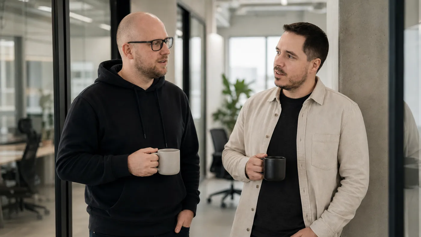 Zwei Männer stehen mit Kaffeetassen in einem hellen Büroflur und sprechen miteinander. Der linke trägt einen schwarzen Hoodie und eine Brille, der rechte ein helles Hemd über einem dunklen Shirt. Hinter ihnen Glaswände, Schreibtische und eine Grünpflanze.