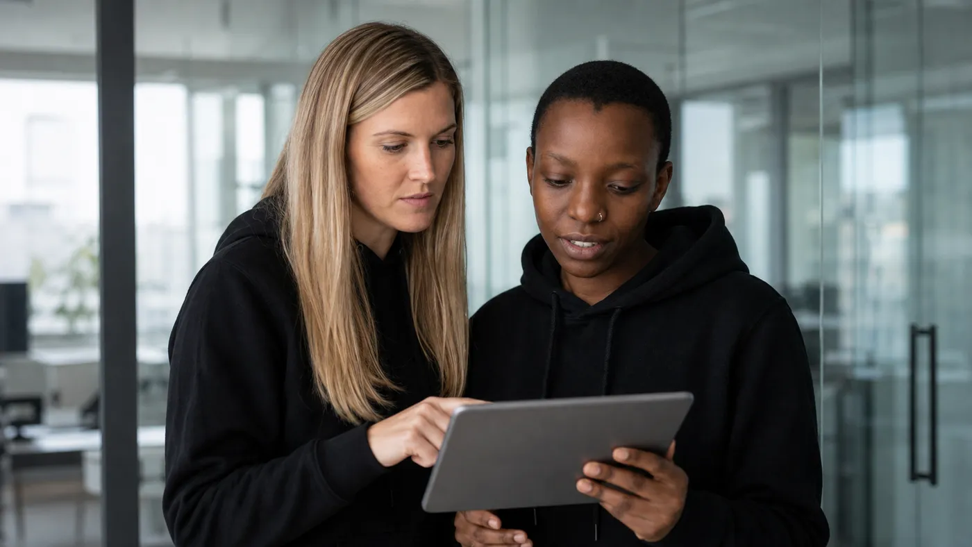 Zwei Frauen in schwarzen Hoodies stehen nebeneinander und sehen gemeinsam auf ein Tablet, das die rechte hält; die linke zeigt mit dem Finger auf den Bildschirm. Hinter ihnen eine Glaswand mit Blick in ein Büro.