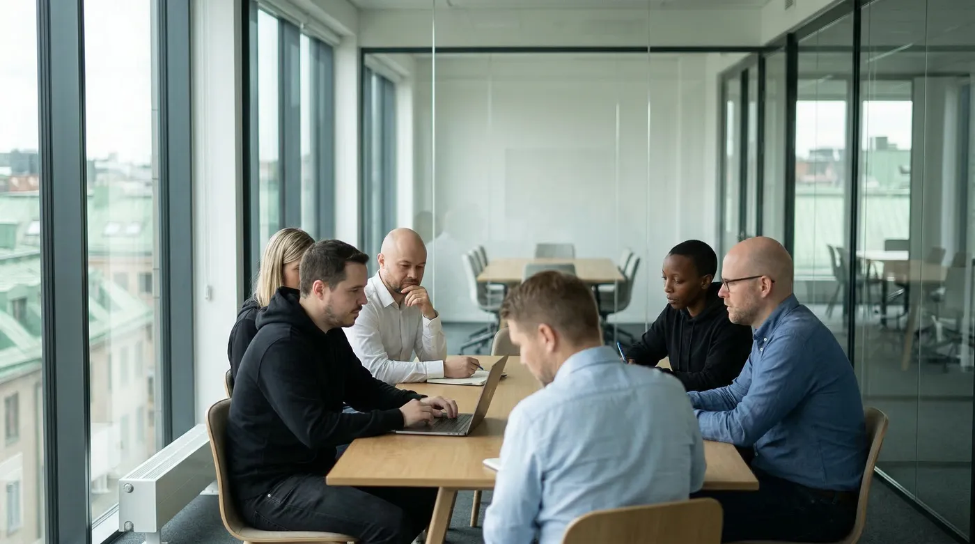 Sechs Personen sitzen in einem verglasten Besprechungsraum um einen hellen Holztisch. Einer tippt an einem aufgeklappten Laptop, zwei halten Stifte über aufgeschlagene Notizbücher, eine Person sitzt mit dem Rücken zur Kamera. Links eine raumhohe Fensterfront mit Blick über Stadtdächer.