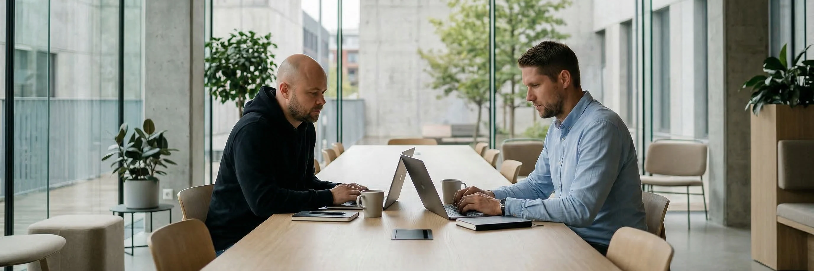 Zwei Mitarbeiter sitzen sich an einem langen hellen Tisch gegenüber und arbeiten an ihren Laptops, zwischen ihnen Kaffeetassen und ein Notizbuch. Dahinter eine raumhohe Fensterfront mit Blick ins Grüne.
