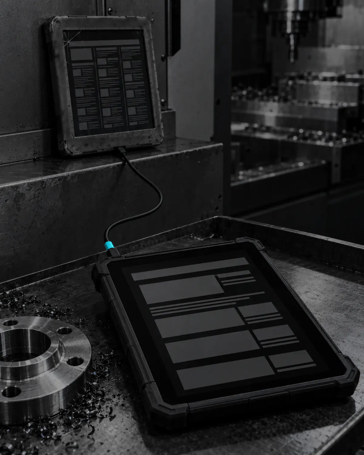 Alte Inhalte ziehen mit um: Auf der Ablage einer Maschine lehnt ein altes Tablet mit abgegriffenen Ecken und an einer Ecke gesprungenem Glas, sein Bildschirm zeigt eine gedrängte Seite aus drei schmalen Spalten mit vielen kleinen grauen Kästen. Ein einzelnes Kabel führt hinunter zu einem neuen Tablet auf dem Werkstückwagen, sein Stecker trägt dort eine cyanfarbene Hülse; das neue Tablet zeigt eine aufgeräumte Seite aus wenigen großen grauen Blöcken, daneben liegt angeschnitten ein gedrehter Flansch zwischen Spänen.