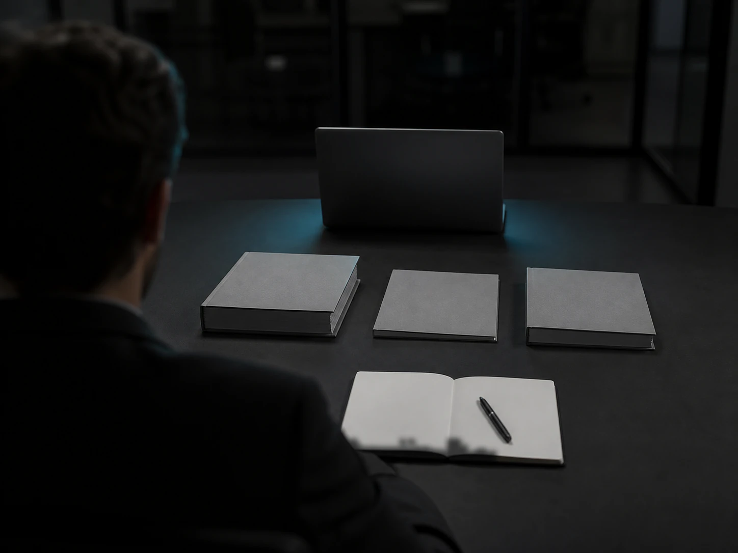 Blick über die Schulter einer Person, die an einem dunklen Besprechungstisch sitzt. Rechts vor ihr liegen drei geschlossene Angebotsmappen unterschiedlicher Dicke, alle gleich schlicht und ohne Aufschrift, davor ein aufgeschlagener, unbeschriebener Notizblock mit Stift. Dahinter ein aufgeklappter Laptop, dessen Bildschirm nicht zu sehen ist und der die Tischplatte schwach cyanfarben beleuchtet.