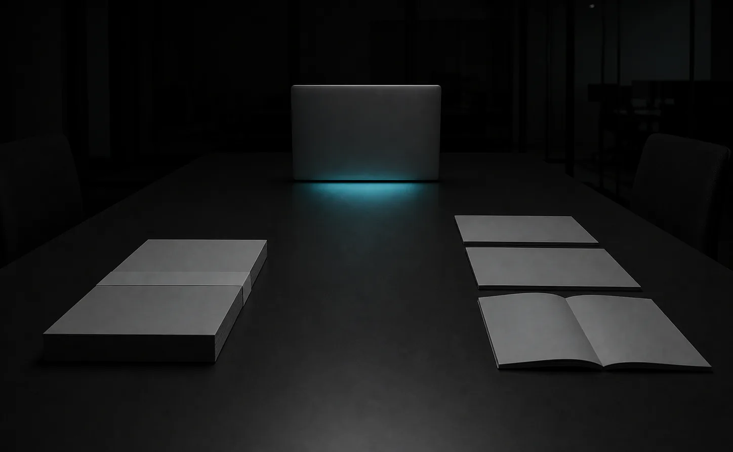 Ein dunkler Besprechungstisch bei Nacht, flach von der Tischkante her aufgenommen. Am hinteren Ende steht ein zugeklappter Laptop mit der Rückseite zur Kamera; davor liegt ein schmaler cyanfarbener Lichtschein auf der Tischplatte. Links liegt ein einzelnes dickes Papierbündel, geschlossen und von einer schlichten Banderole zusammengehalten; nichts daran ist geöffnet. Rechts liegen drei gleich dünne Hefte in einer Reihe hintereinander, das vorderste aufgeschlagen mit zwei leeren Seiten. Beide Anordnungen sind gleich gross, gleich hell und gleich weit von der Kamera entfernt, der Lichtschein liegt zwischen ihnen und berührt keine von beiden.