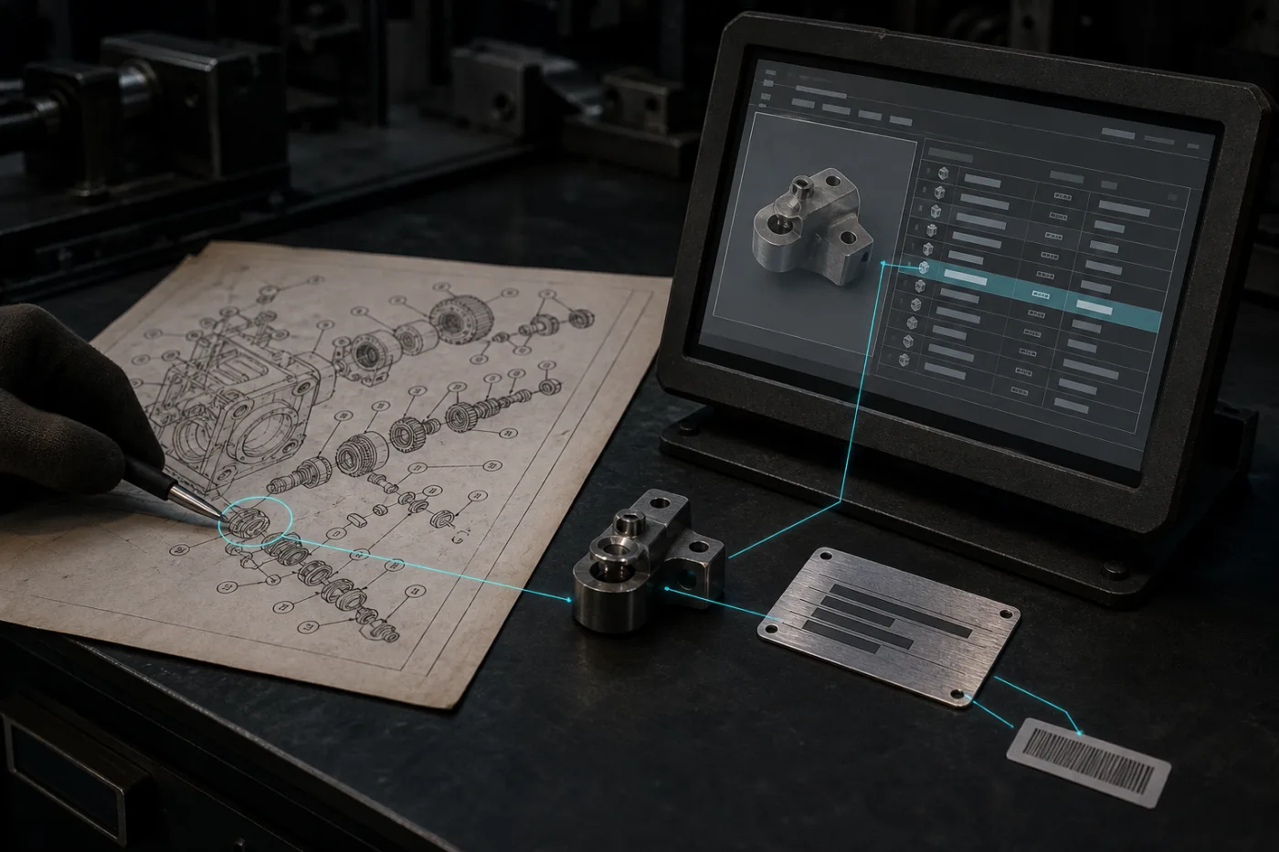Auf einem dunklen Werkstatttisch verbindet eine Explosionszeichnung ein markiertes Bauteil mit dem zugehörigen Datensatz auf einem Industriemonitor. Daneben liegen das reale Metallteil, ein Maschinenschild und ein Barcode.