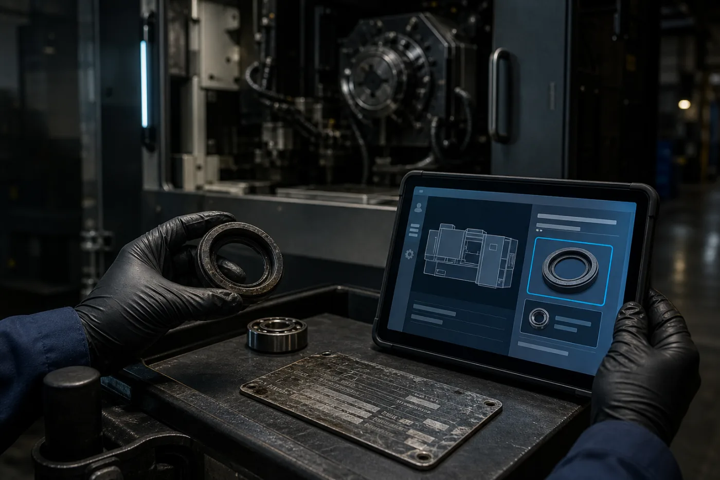 Behandschuhte Hände halten einen verschlissenen Lagerring und ein robustes Tablet vor einer geöffneten Maschine. Das Portal zeigt die Maschine und hebt das passende Ersatzteil hervor; auf dem Servicewagen liegt das Typenschild.