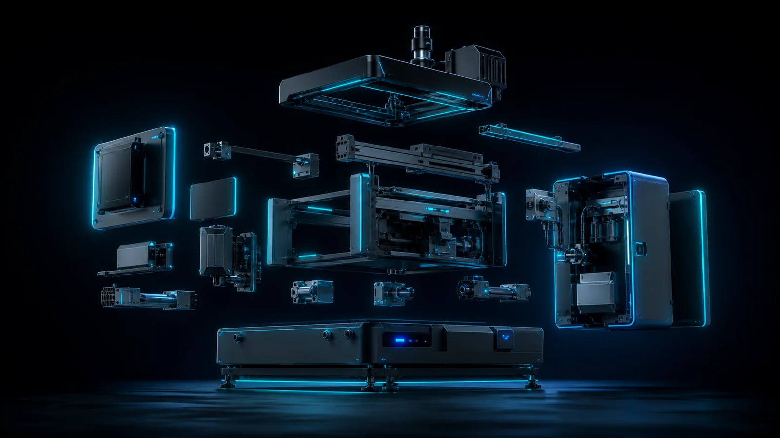 Explosionsdarstellung einer modularen Industriemaschine: einzelne Bauteile schweben über dem Grundmodul, wie in einem Produktkonfigurator zusammensetzbar